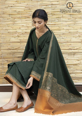 Winter Unstitched 3PCs Embroidered Dhanak Dress With Digital Printed Karandi Shawl RL-557