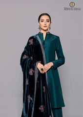 Winter Unstitched 3PCs Shamoz Silk Dress With Heavy Embroidered Velvet Shawl RL-507
