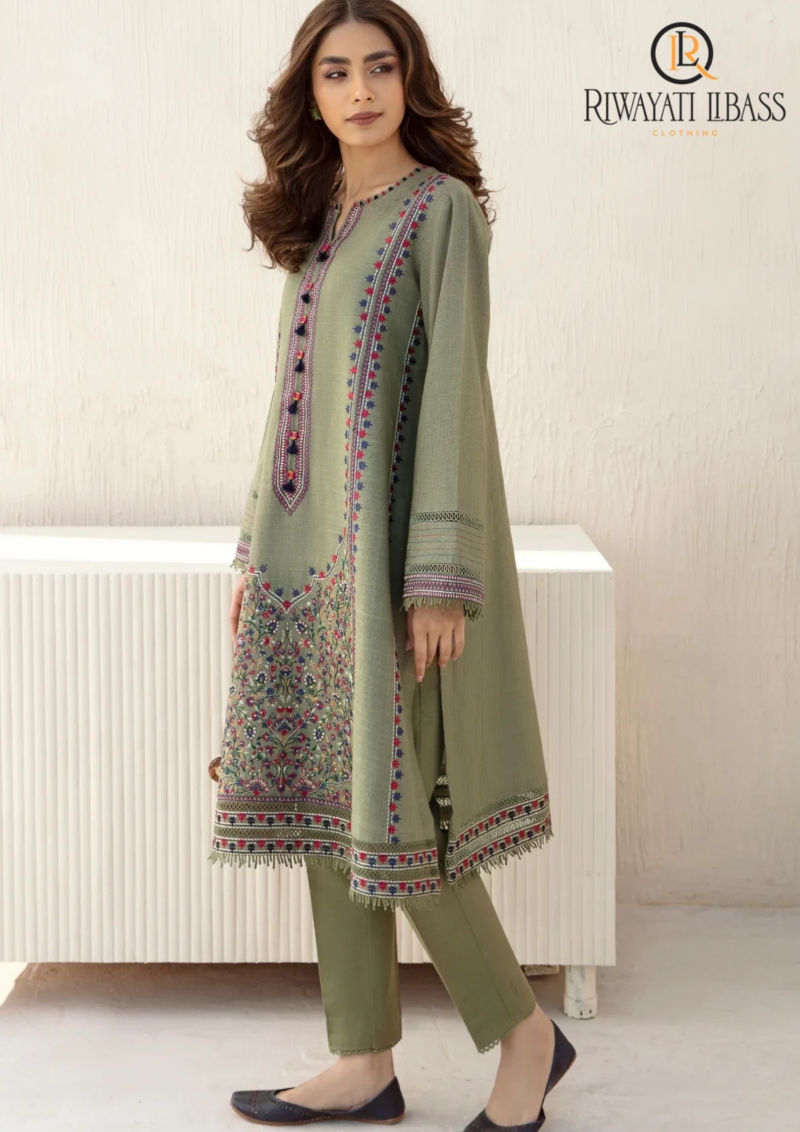Winter Unstitched 3PCs Embroidered Khaddar Dress With Bambal Shawl RL-633
