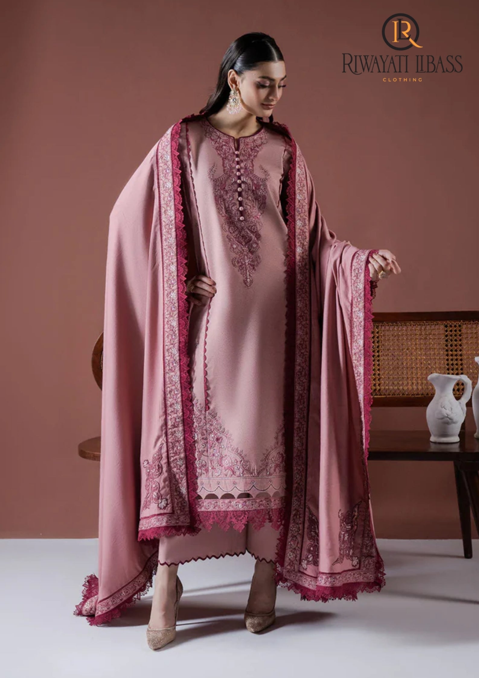 Winter Unstitched 3PCs Embroidered Dhanak Dress With Embroidered Dhanak Shawl RL-675