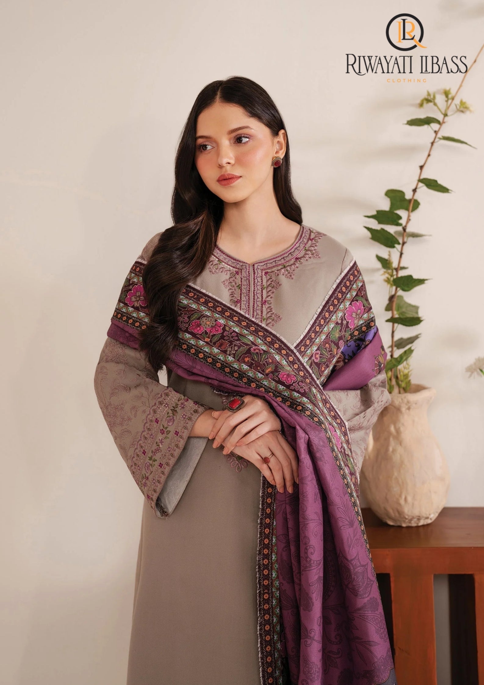 Winter Unstitched 3PCs Embroidered Dhanak Dress With Digital Printed Karandi Shawl RL-678