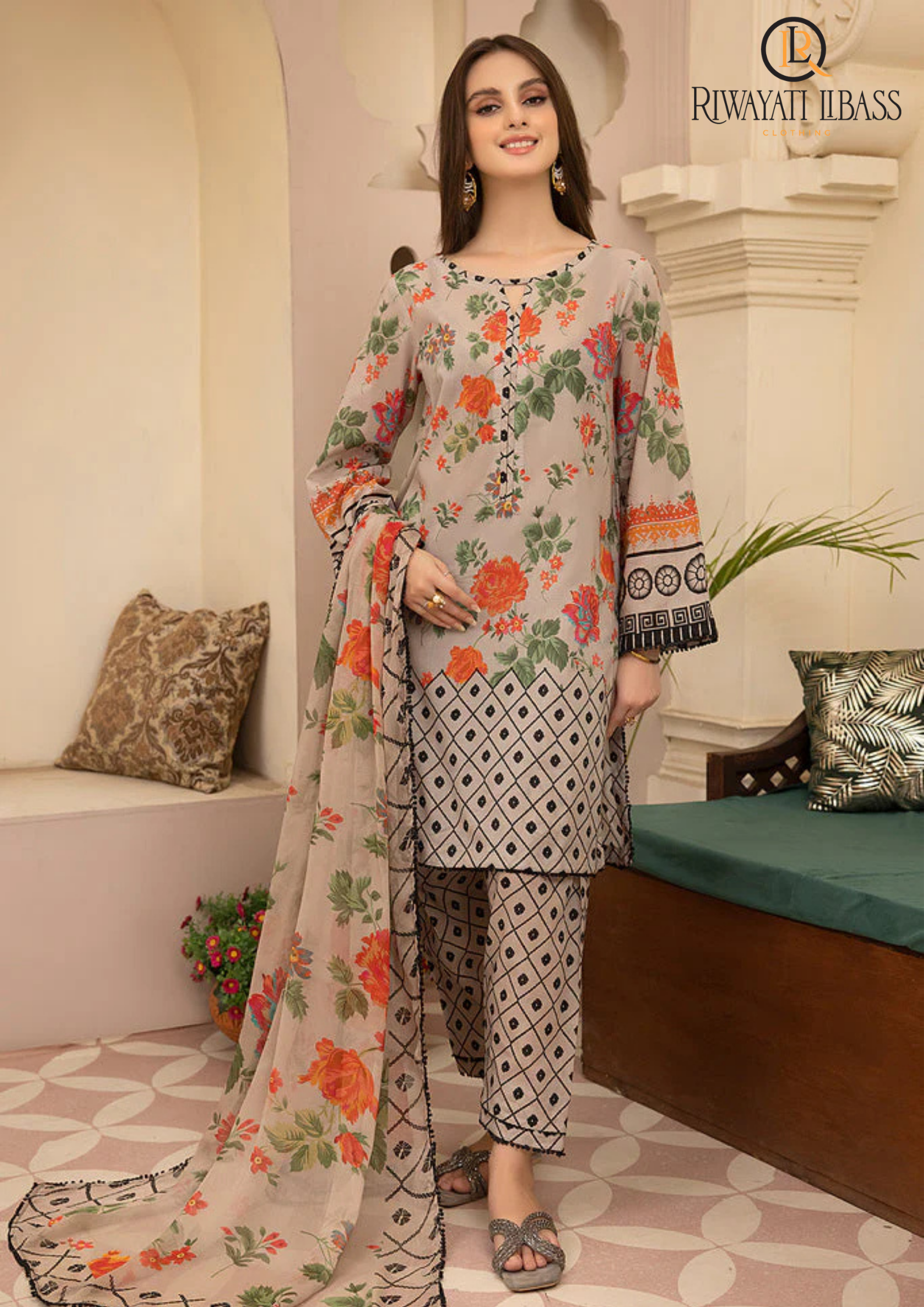 Summer Unstitched 3PC Lawn Printed Shirt With Diamond Dupatta RL-133