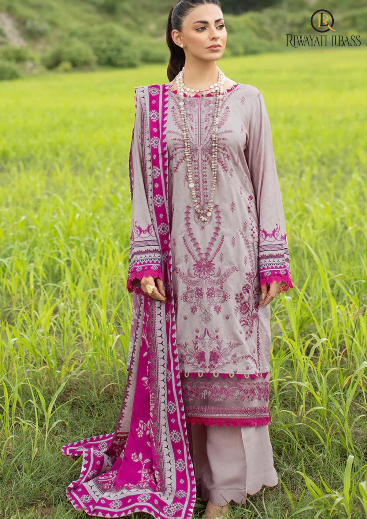 Summer Unstitched 3PCs Embroidered Lawn Dress With Diamond Monar Dupatta RL-257