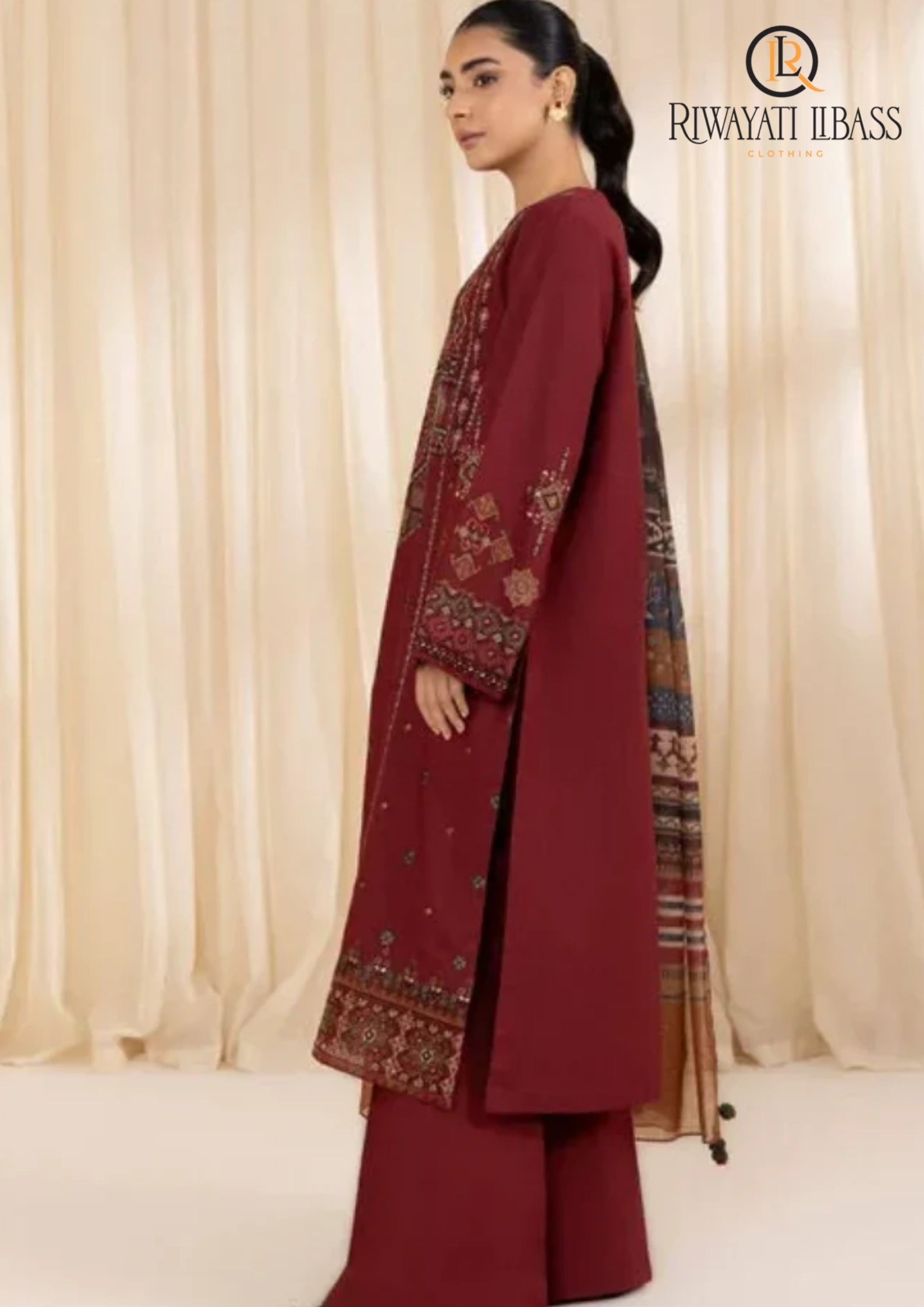 Winter Unstitched 3PCs Embroidered Dhanak Dress With Digital Printed Karandi Shawl RL-600