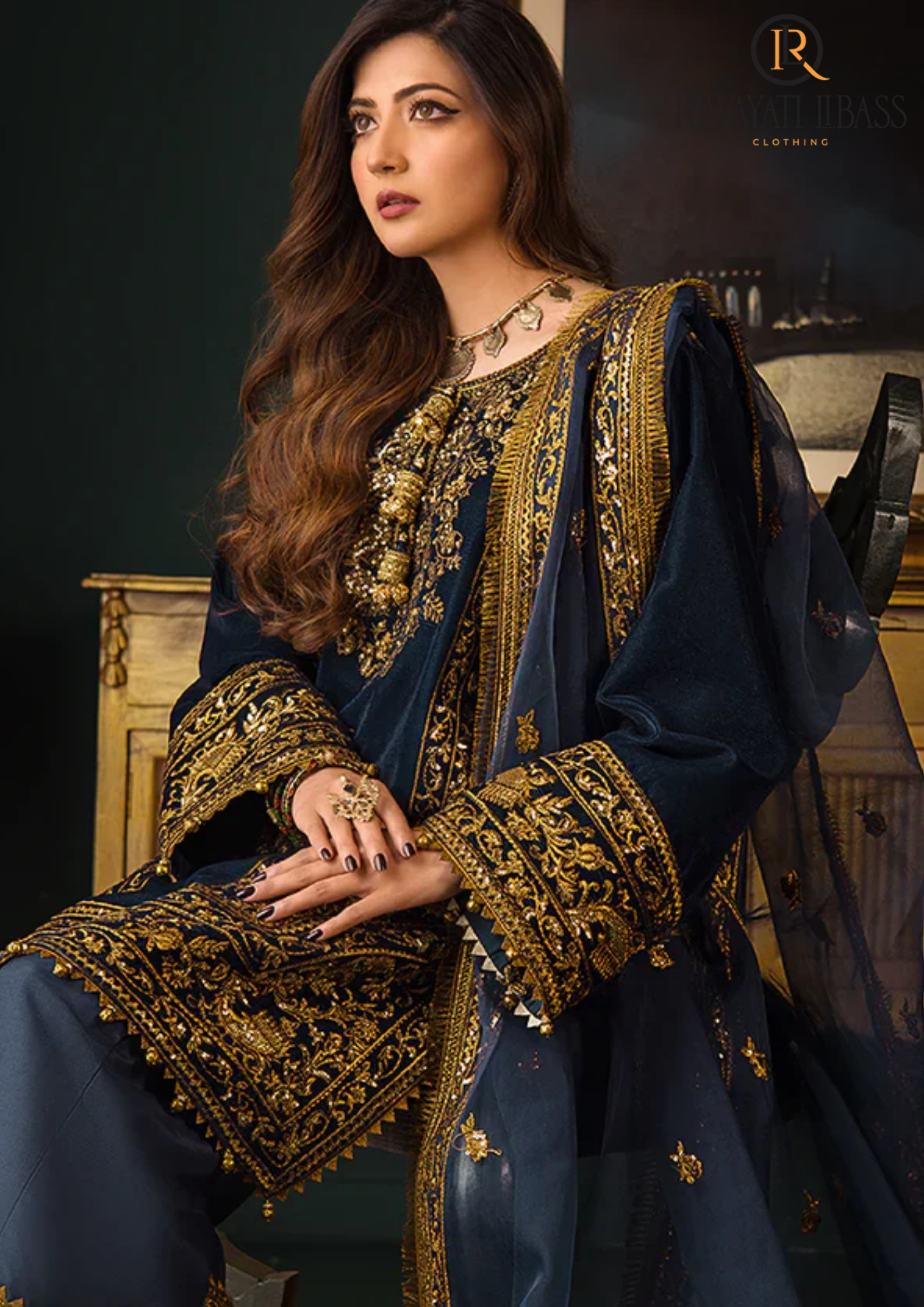Winter Unstitched 3PCs Embroidered Velvet Dress With Embroidered Organza Dupatta RL-606