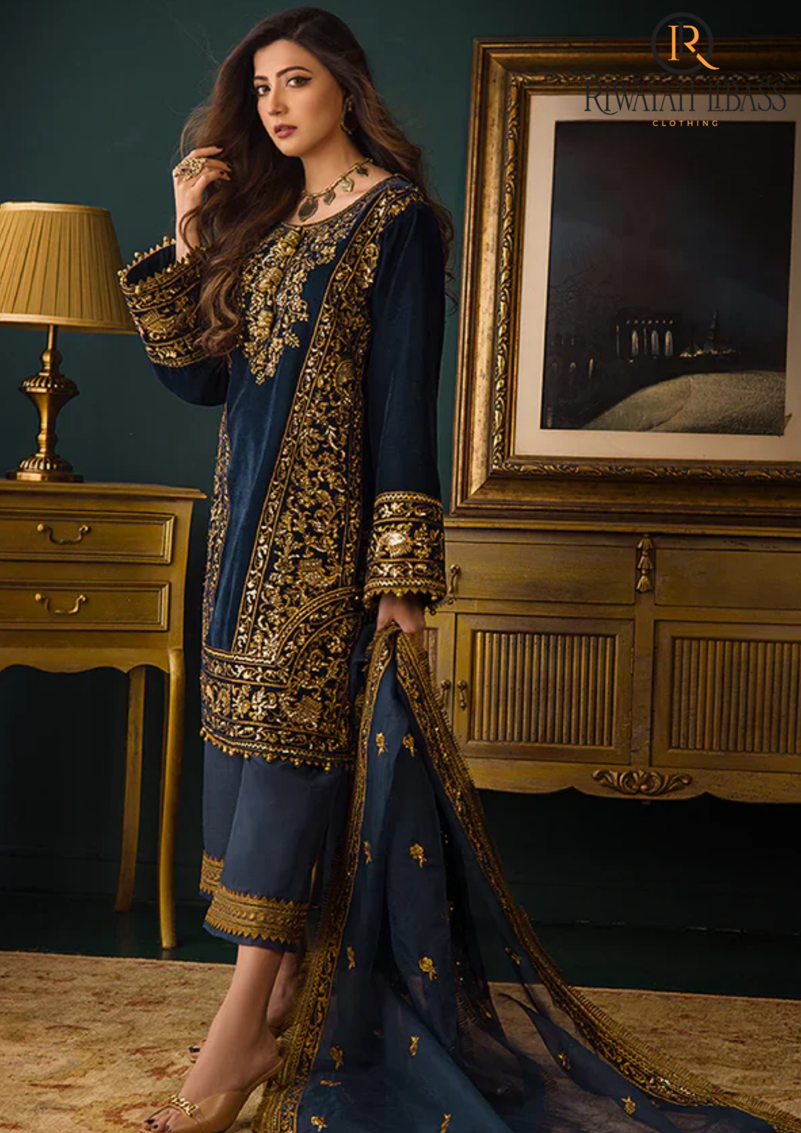 Winter Unstitched 3PCs Embroidered Velvet Dress With Embroidered Organza Dupatta RL-606
