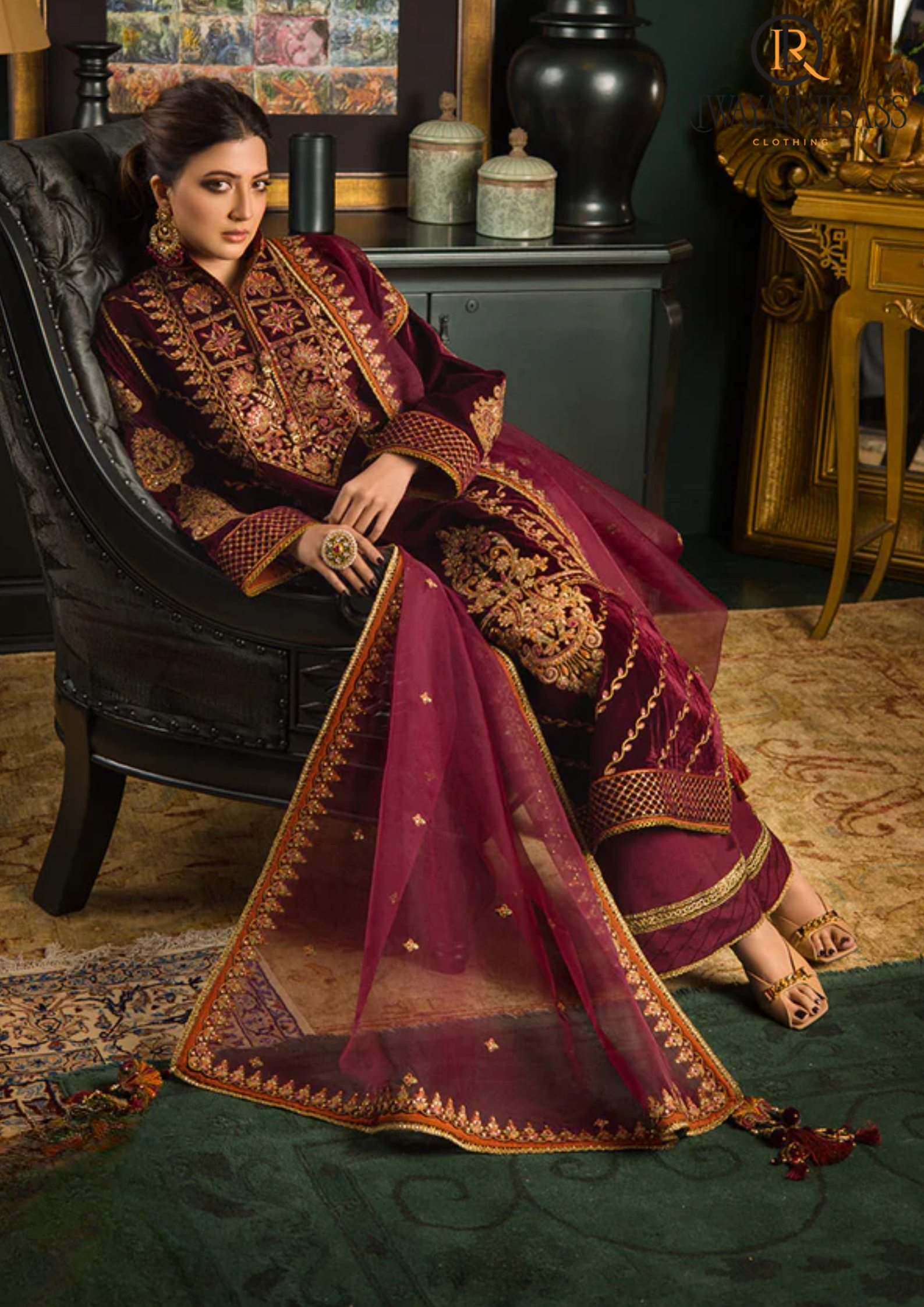Winter Unstitched 3PCs Embroidered Velvet Dress With Embroidered Organza Dupatta RL-608