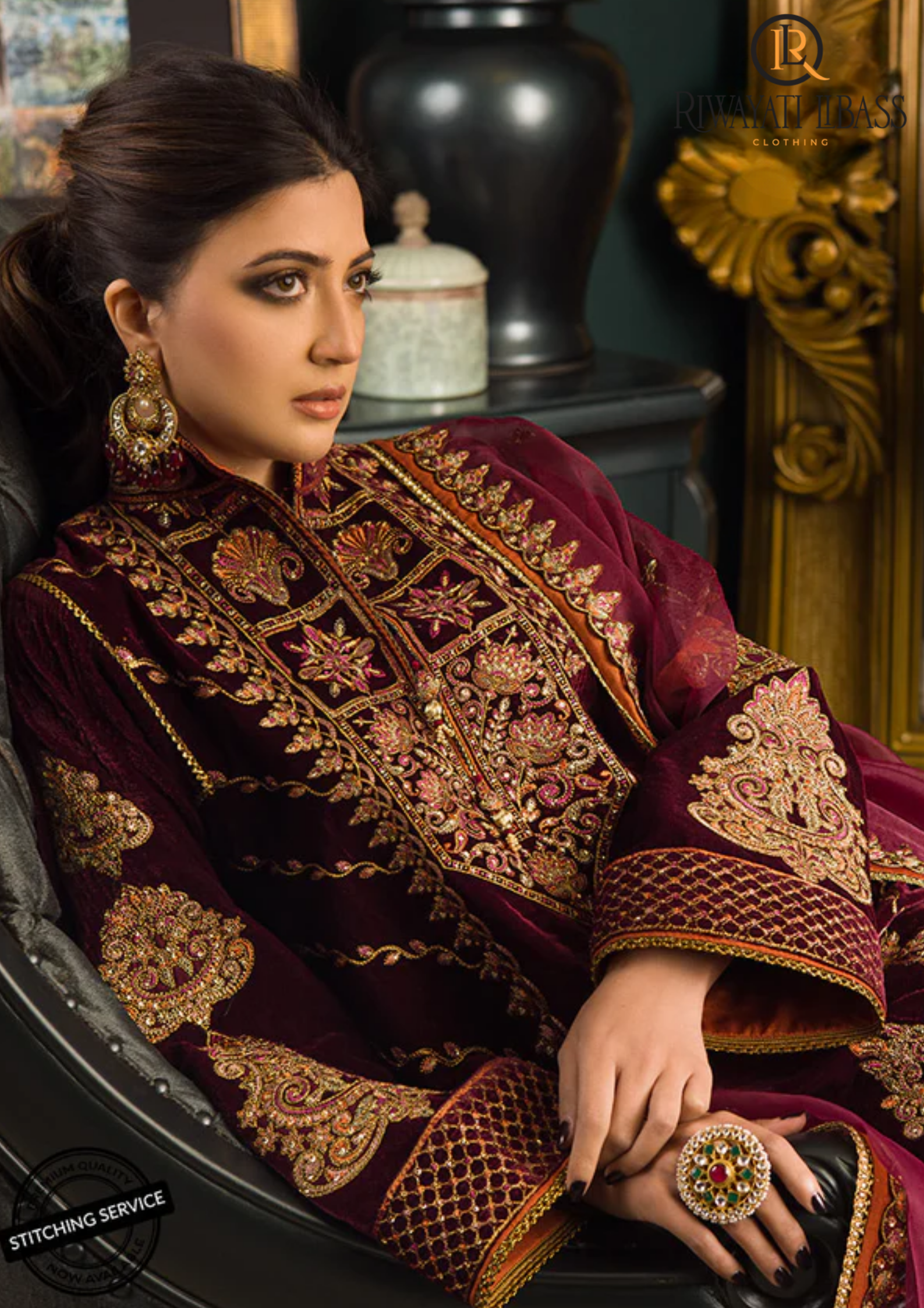 Winter Unstitched 3PCs Embroidered Velvet Dress With Embroidered Organza Dupatta RL-608