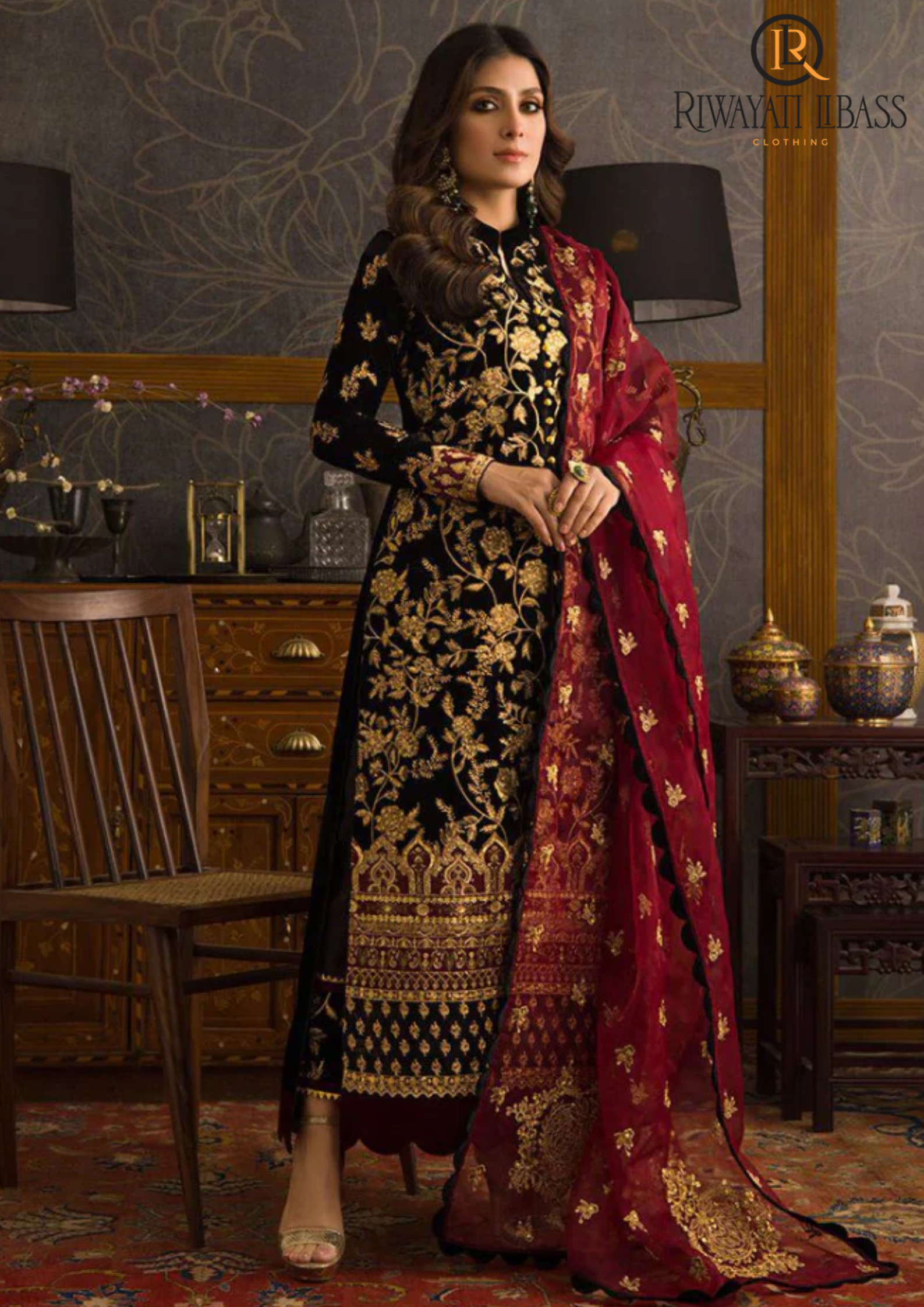 Winter Unstitched 3PCs Embroidered Velvet Dress With Embroidered Organza Dupatta RL-618