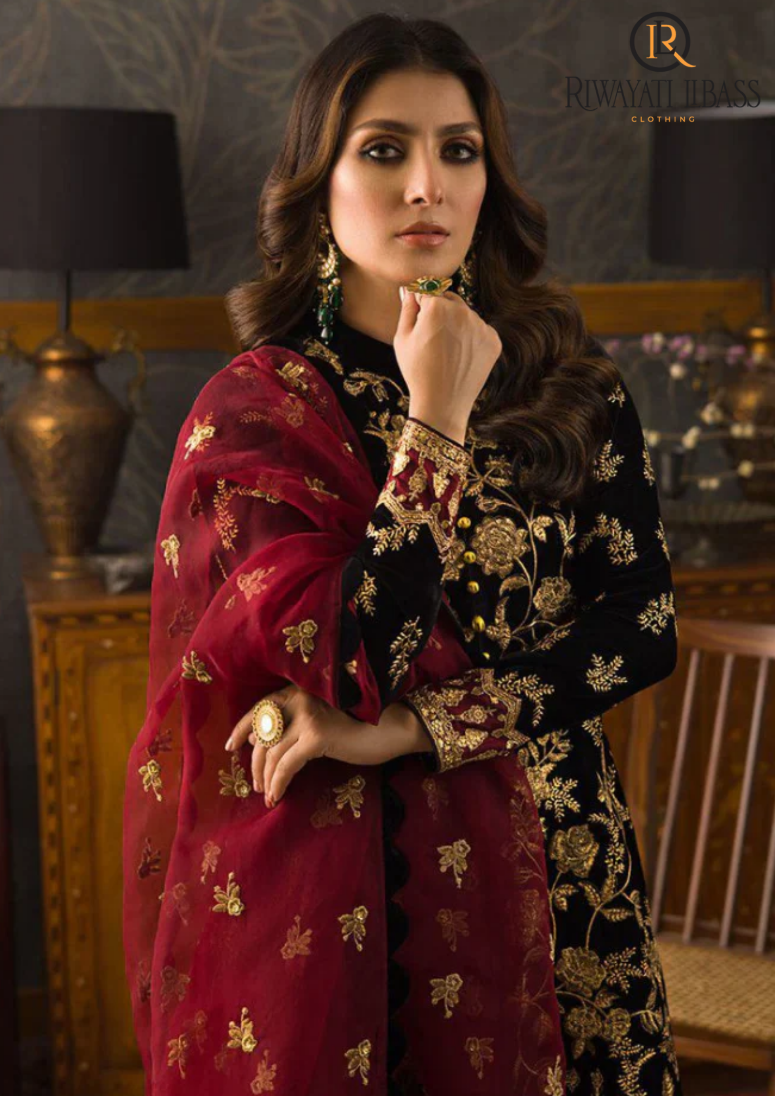 Winter Unstitched 3PCs Embroidered Velvet Dress With Embroidered Organza Dupatta RL-618